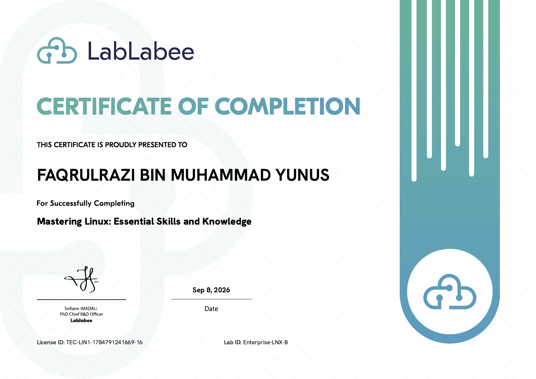 Mastering Linux Essential Skills and Knowledge certificate awarded to Faqrulrazi Bin Muhammad Yunus