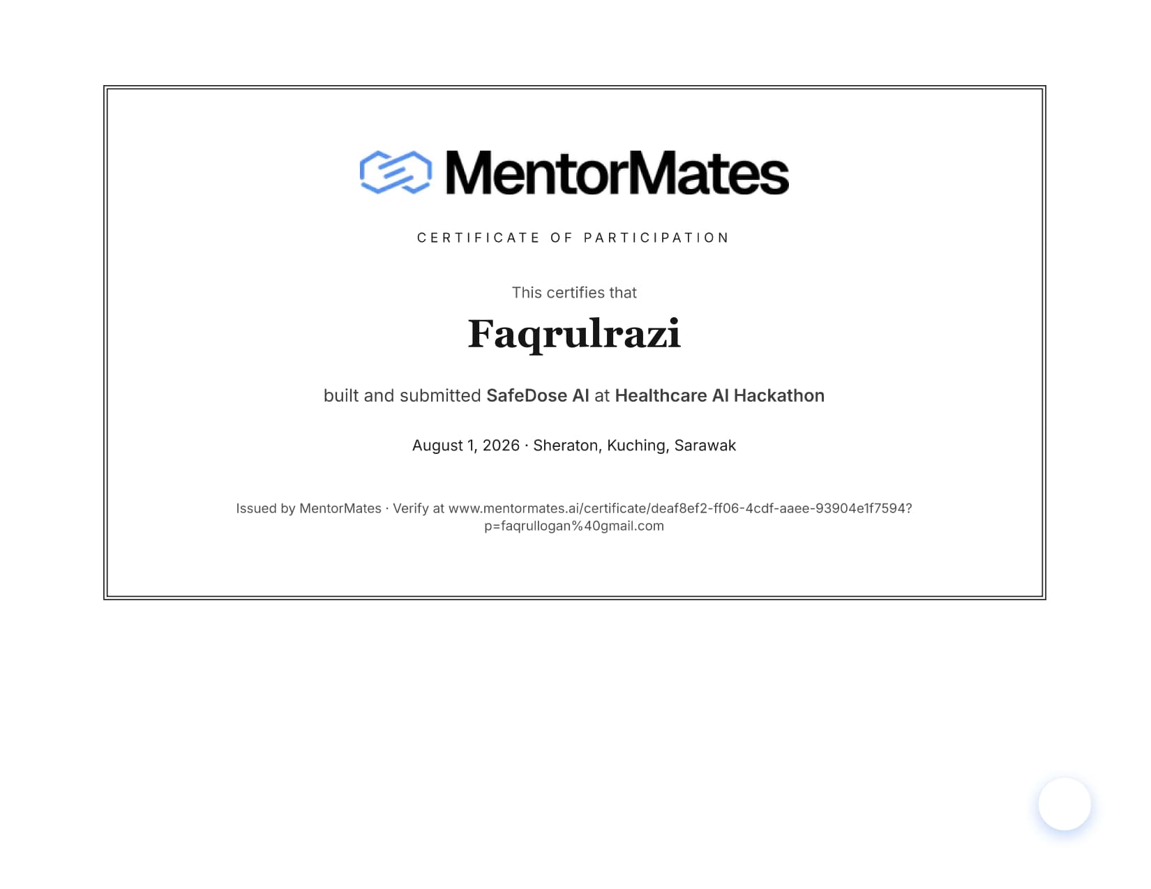 MentorMates SafeDose AI Healthcare AI Hackathon certificate awarded to Faqrulrazi