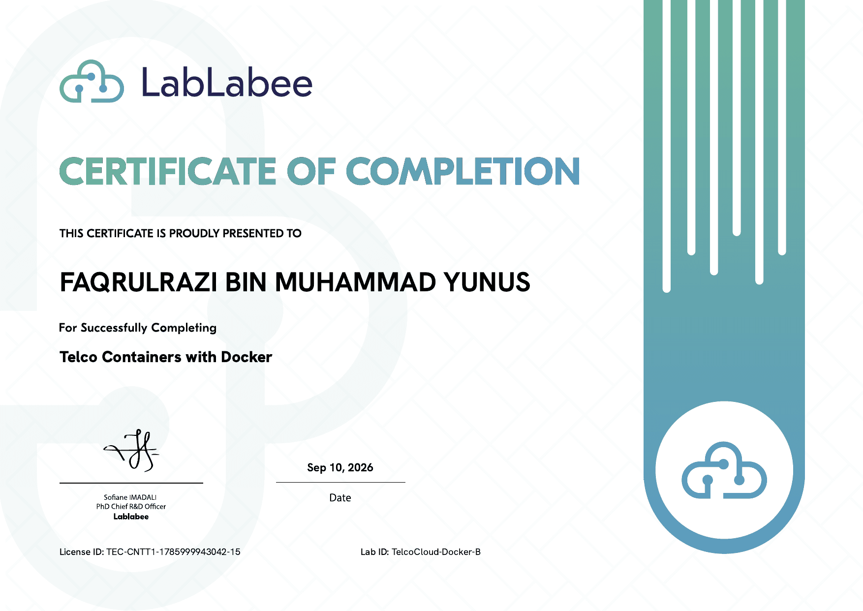 Telco Containers with Docker certificate awarded to Faqrulrazi Bin Muhammad Yunus